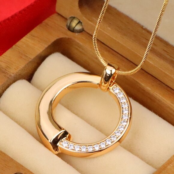 "Modern Rose Gold Circle Pendant with Half Crystal Accent Design, XPPT1256 - Picture 1 of 12